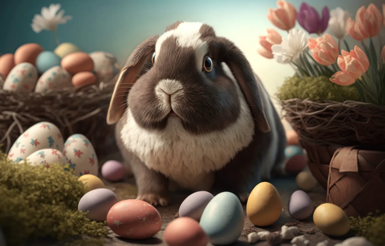 Фото обои яйца, colorful, кролик, Пасха, flowers, tulips, spring, Easter, eggs, bunny, cute, decoration