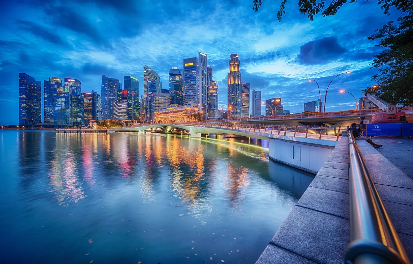 Фото обои мост, здания, залив, Сингапур, ночной город, набережная, небоскрёбы, Singapore, Marina Bay, Марина-Бэй, Jubilee Bridge, Singapore …