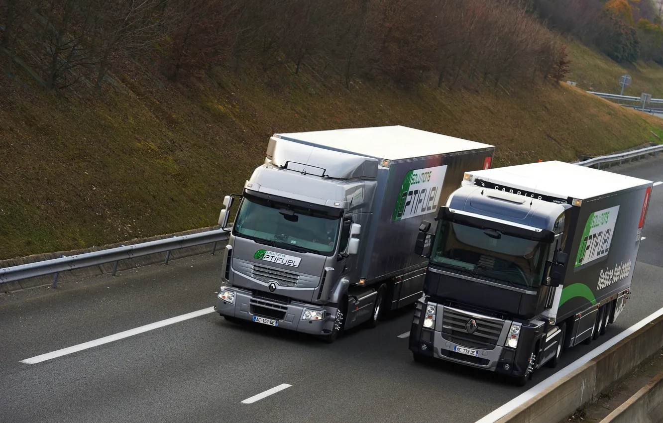 Фото обои грузовики, серый, чёрный, Renault, Magnum, 4x2, седельные тягачи, Premium Route, Renault Trucks