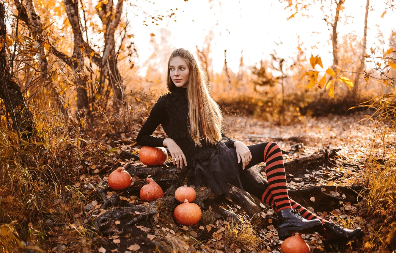 Фото обои осень, взгляд, поза, Девушка, фигура, тыква, Анна Фокина. 