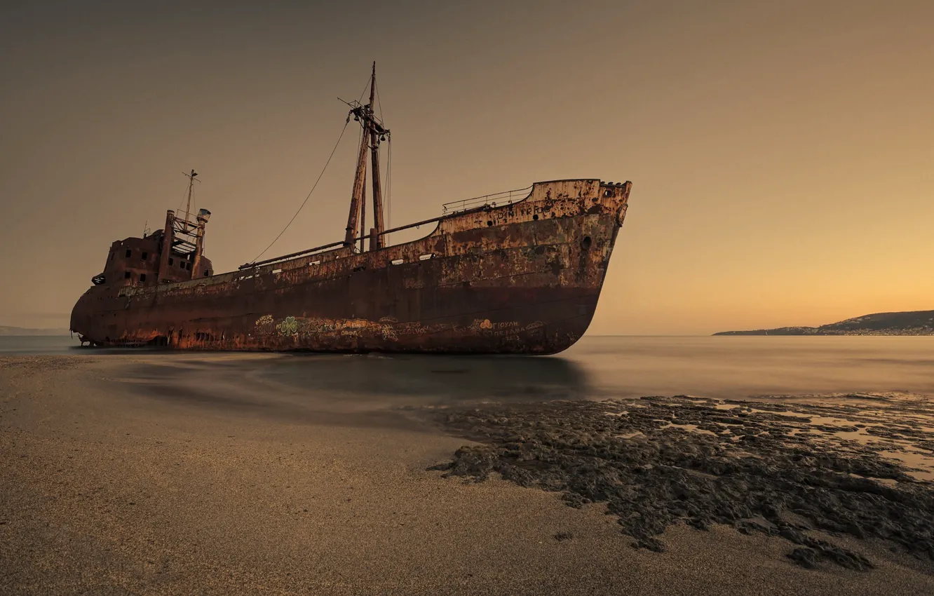 Фото обои побережье, корабль, Греция, остов, старый, ржа, Dimitrios shipwreck