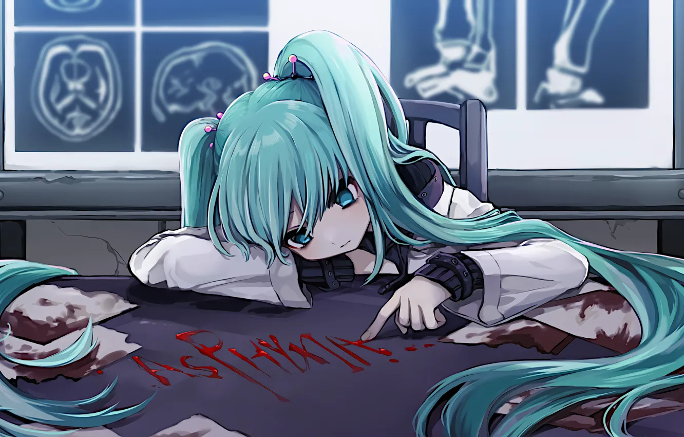 Фото обои девушка, буквы, кровь, больница, Hatsune Miku, Vocaloid, Вокалоид...