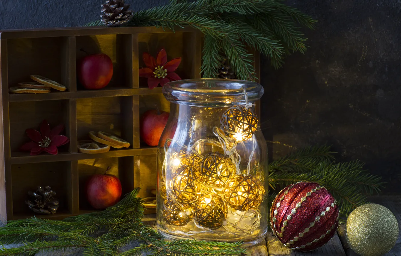 Фото обои украшения, шары, Рождество, Новый год, christmas, new year, balls, merry, decoration, lantern, fir tree, ветки …