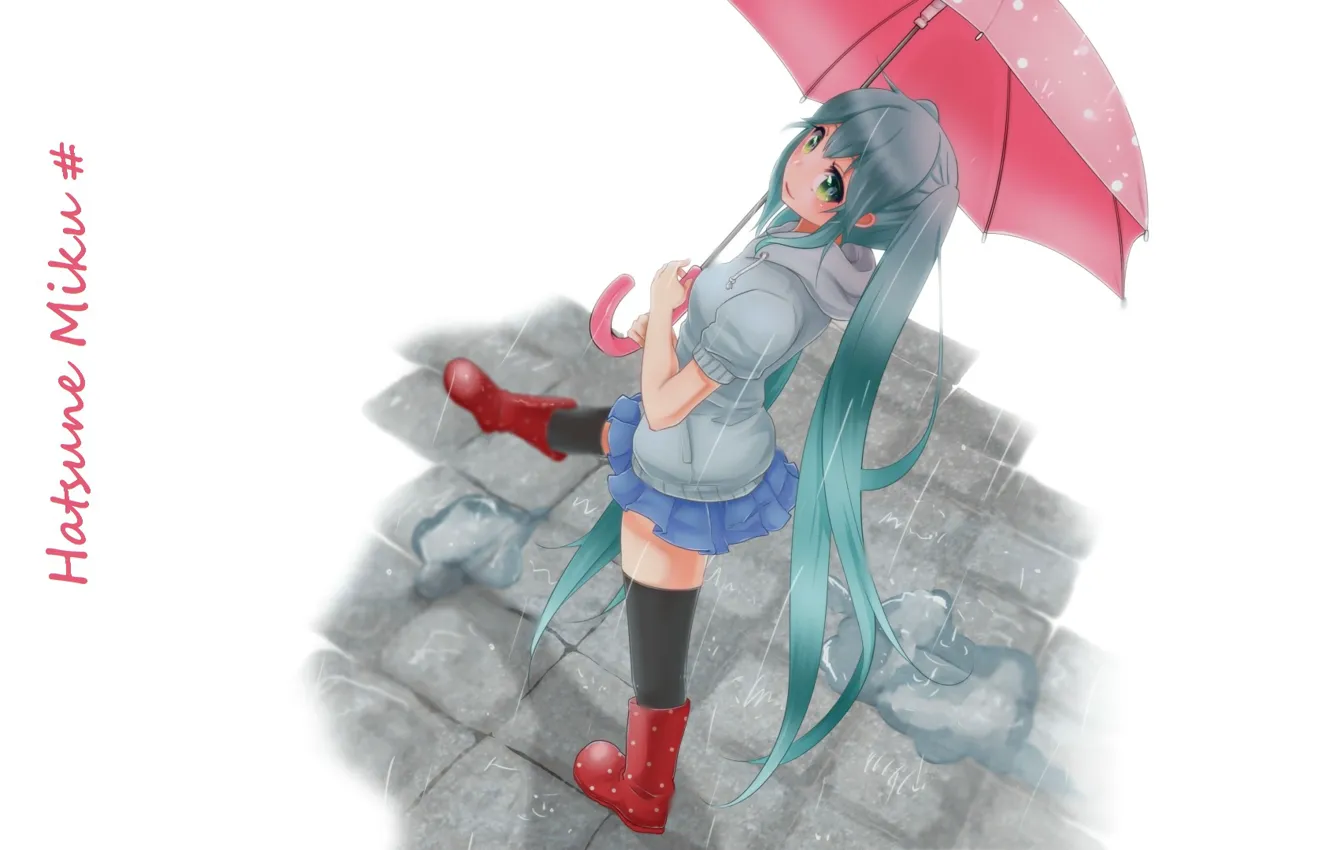 Фото обои дождь, белый фон, vocaloid, Hatsune Miku, длинные волосы, вокалоид, гуляет, красный зонт, Хатсуне Мику, резиновые …
