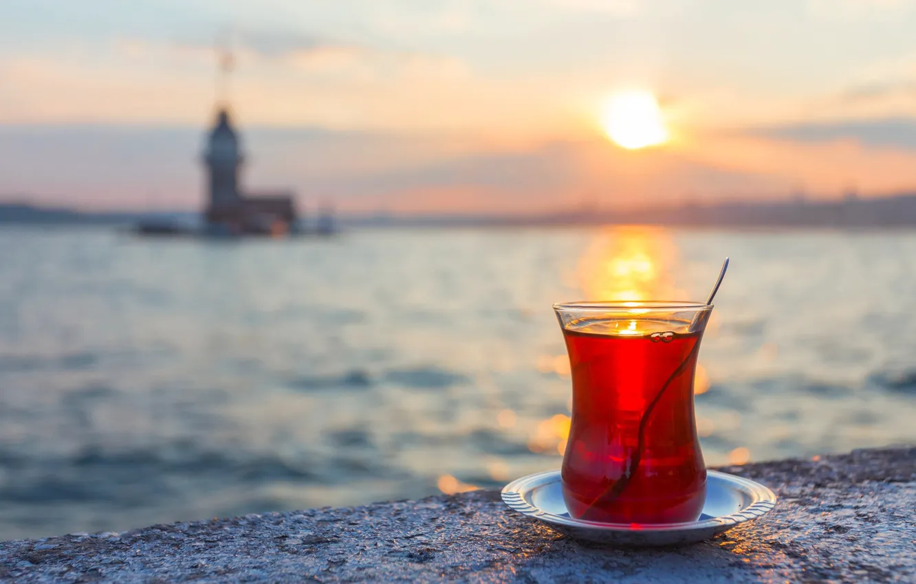 Фото обои sea, sunset, tea, istanbul, maiden tower