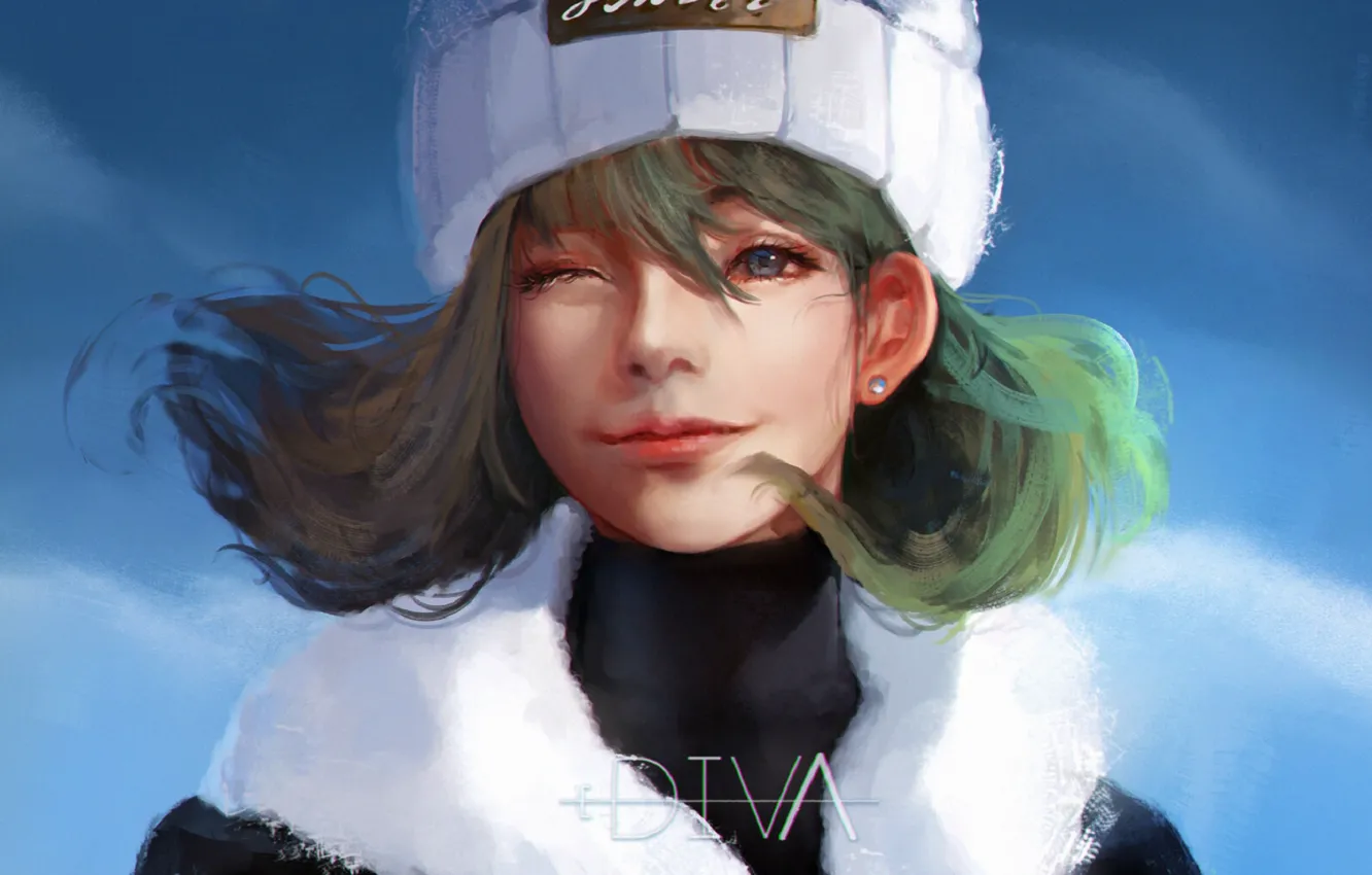Фото обои небо, девочка, зеленые волосы, шапочка, подмигивание, белый мех, by Diva