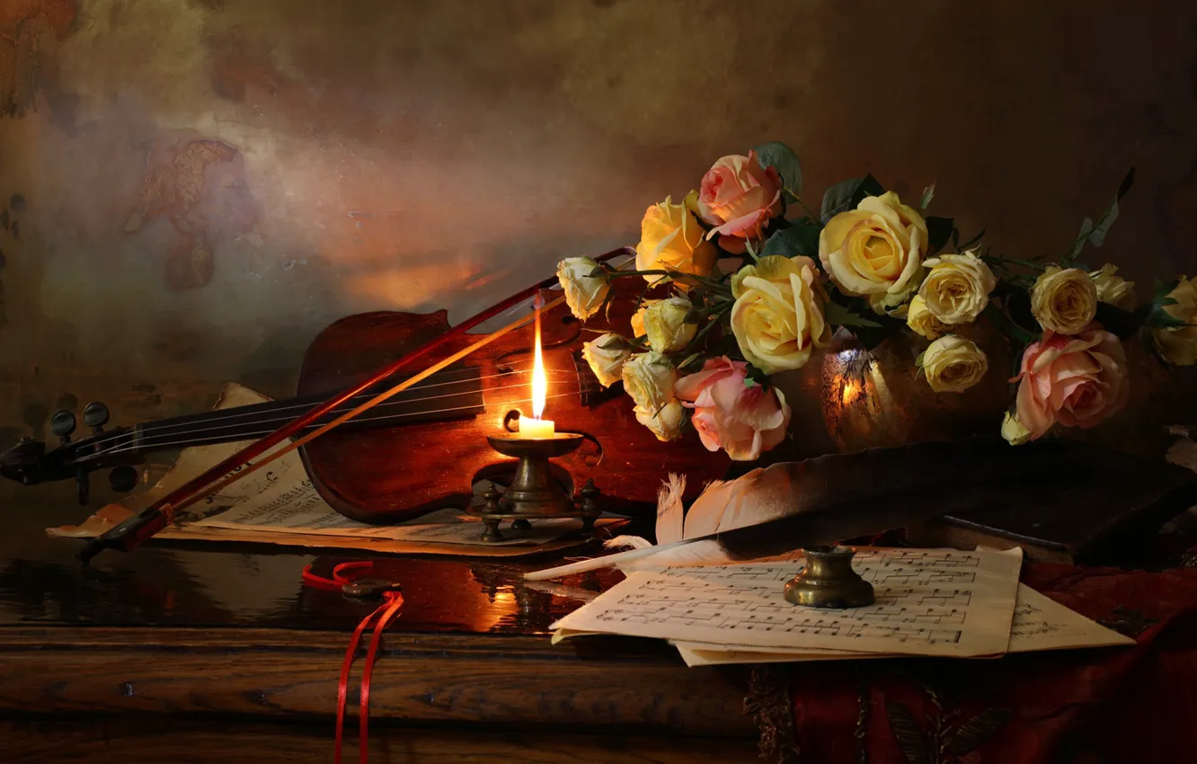 Фото обои цветы, стиль, ноты, перо, скрипка, розы, свеча