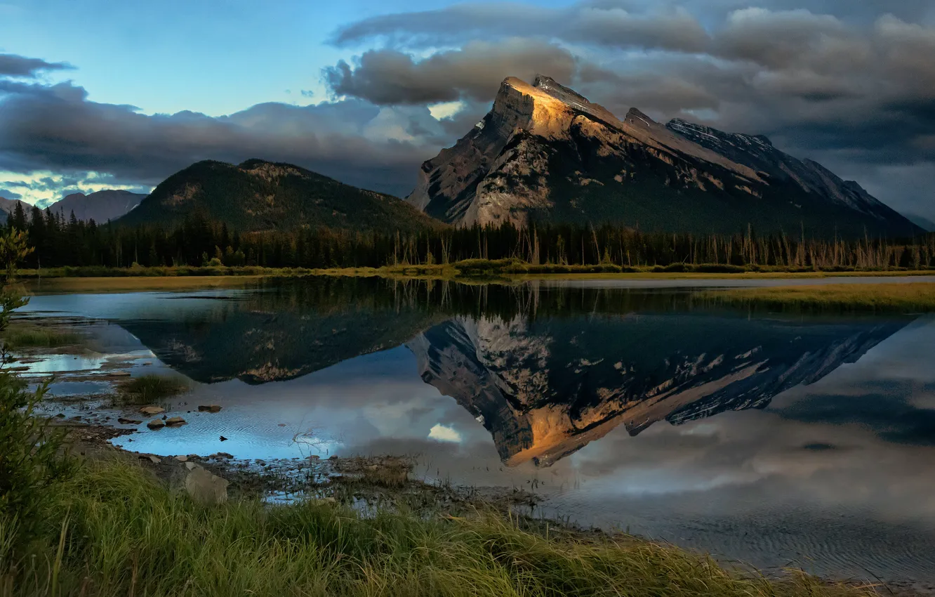 Фото обои лес, небо, трава, облака, горы, озеро, отражение, берег, вершины, вечер, ели, Канада, Альберта, сумерки, водоем, …