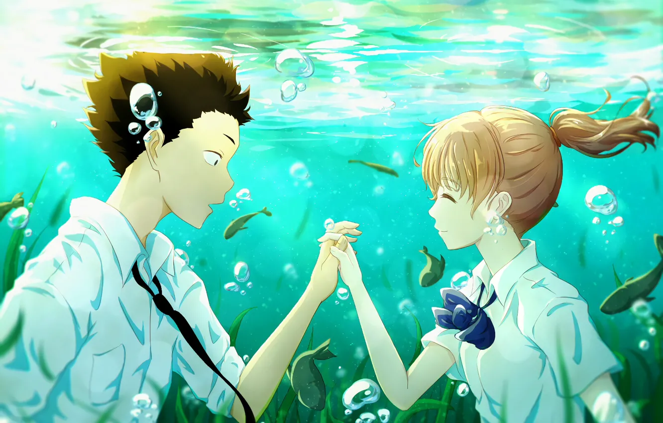 Фото обои девушка, рыбки, романтика, Аниме, парень, под водой, 2016, Koe no...
