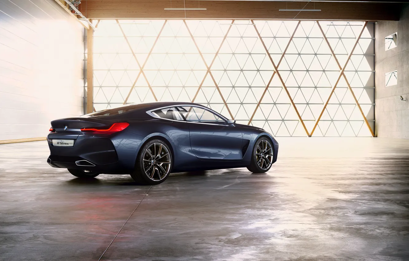 Фото обои свет, купе, BMW, сзади, сбоку, помещение, 2017, 8-Series Concept