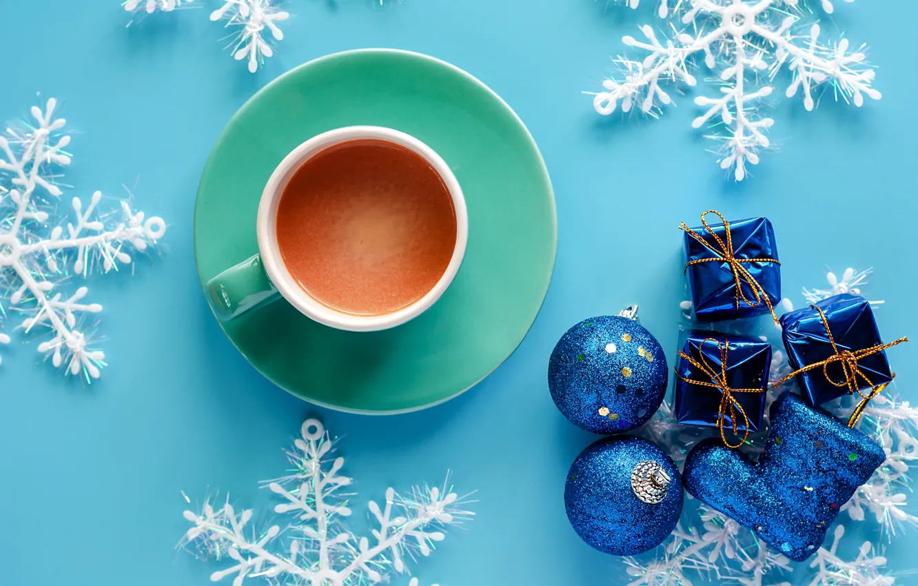 Фото обои зима, снежинки, фон, голубой, Новый Год, Рождество, чашка, Christmas, blue, winter, background, cup, какао, snowflakes, …