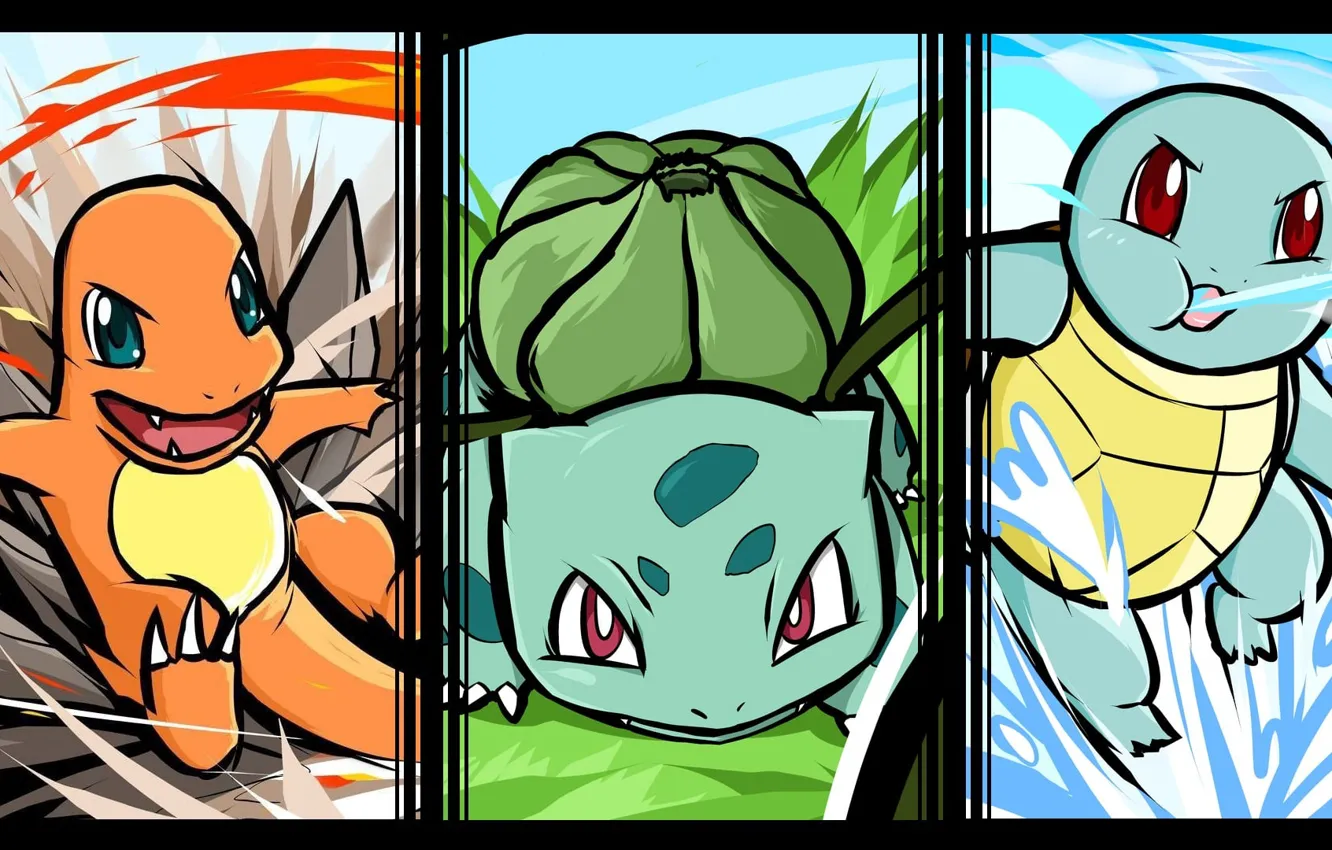 Фото обои покемон, pokemon, Charmander, Squirtle, сквиртл, Bulbasaur, чармандер, бульбасавр, бульбазавр