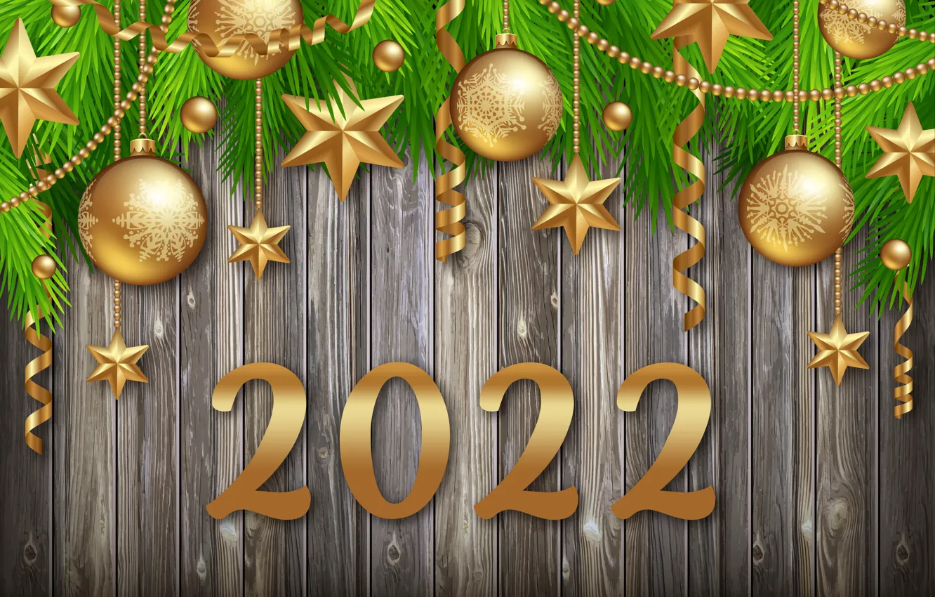 Фото обои золото, цифры, Новый год, golden, new year, happy, balls, wood, luxury, decoration, figures, sparkling, 2022