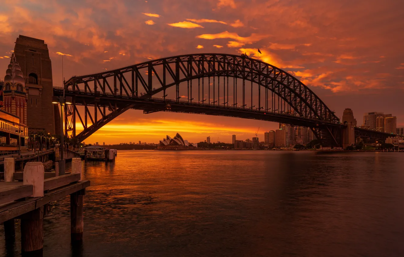Фото обои закат, мост, Австралия, залив, Сидней, Australia, Sydney, Sydney Harbour Bridge, Харбор-Бридж, Залив Порт Джэксон, Port …