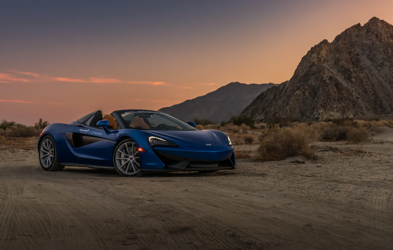Фото обои закат, пустыня, McLaren, вечер, суперкар, Spider, 570S